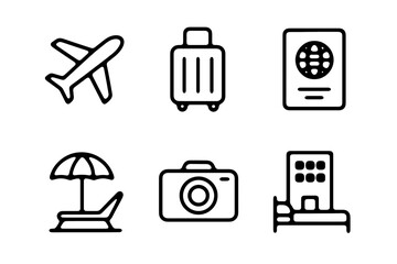 A set of 6 minimalist black line icons on white background representing travel and lifestyle themes such as airplanes, suitcases, passports, beach vacations, photography, and hotels. © Abu Hanipha