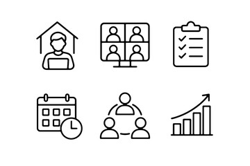 A set of 6 minimalist black line icons on white background showing remote work and productivity tools