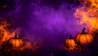 Naklejka premium Enchanting Halloween Night Background with Glowing Pumpkins Amidst Eerie Purple Smoke and Fiery Orange Hues
