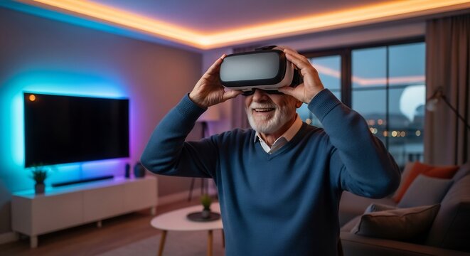 Photo of happy senior man wearing vr headset in modern living room with ambient lighting