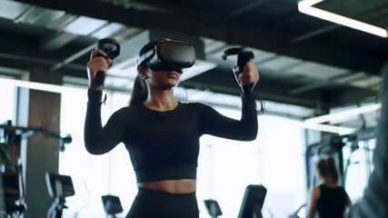 Young Woman Exercising with VR Headset and Controllers in a Modern Gym for Virtual Reality Fitness - Powered by Adobe