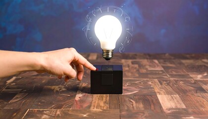 A hand activates a small black box, triggering a glowing lightbulb with creative designs.