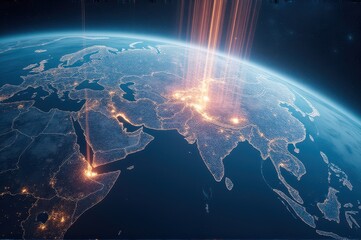 glowing light beams over earth's surface, highlighting bustling network of urban areas from space. futuristic communication concept. astronomy, technology, global connections