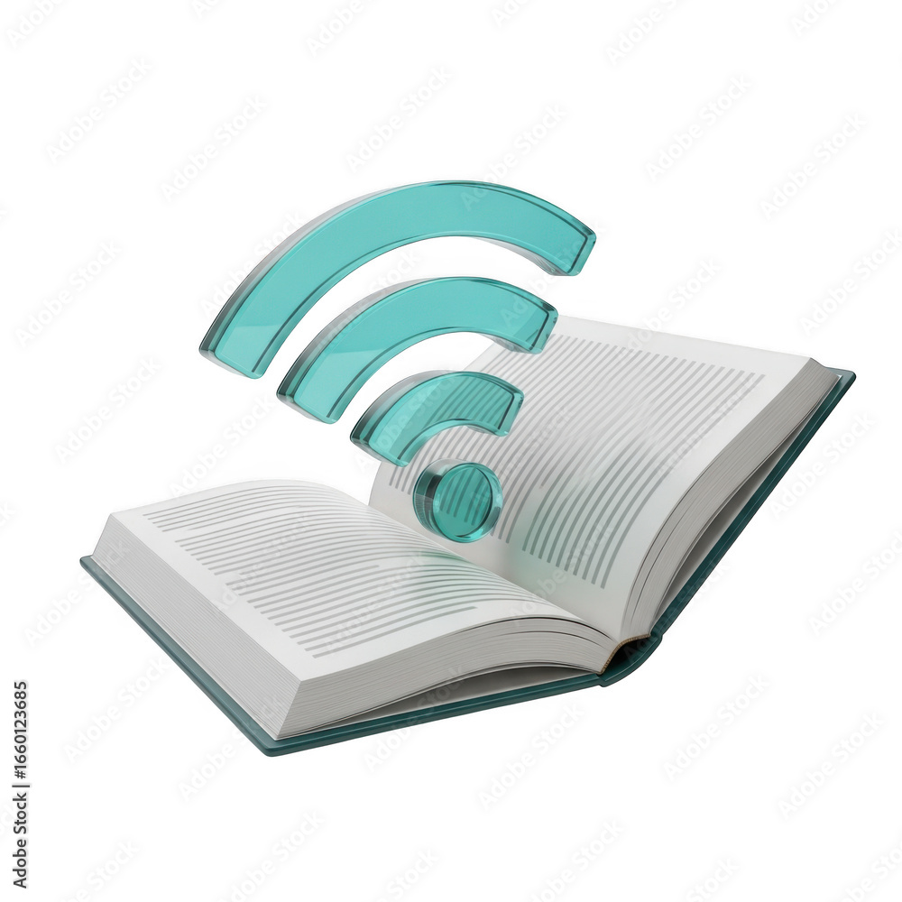 Poster 3d open book with wi-fi signal symbol isolated on transparent background