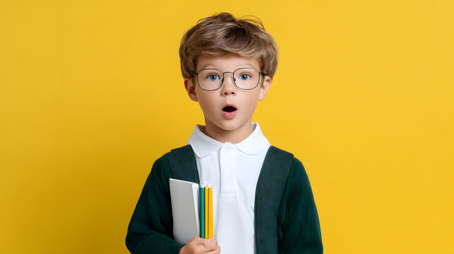 Surprised young schoolboy in glasses holding notebooks