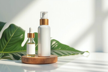 Natural Organic Skincare Product Mockup on Wooden Pedestal with Monstera Leaf and Sunlight for Clean Beauty Branding
