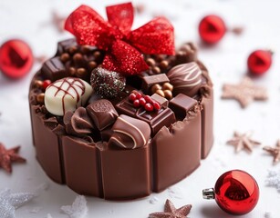 A luxurious and festive chocolate cake adorned with an assortment of confections