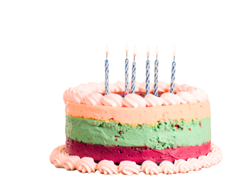  Tiered Rainbow Birthday Cake with Whipped Frosting Swirls and Sparkler Candles, Front View, Transparent Background
