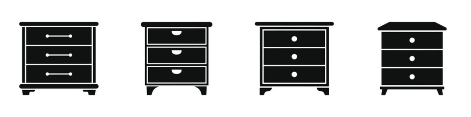 Chest of Drawers Silhouette Icon Set Isolated on White Background – Dresser Vector Illustration for Bedroom Furniture, Storage, Home Interior Design, Organization, and Modern Decor Concepts