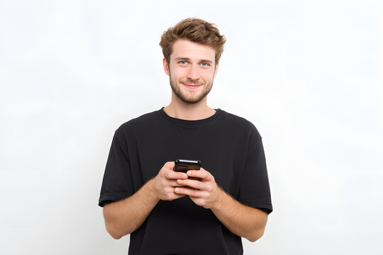 Happy young man in casual clothing smiling while using smartphone, isolated on a white background, concept of communication, social media, and technology.
