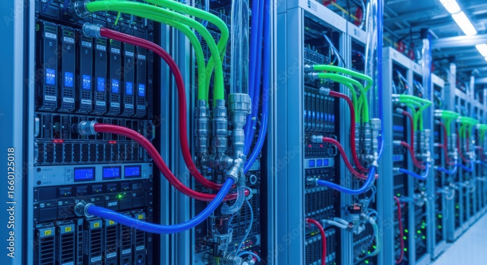 Poster view of multiple modular racks connected by insulated cooling lines emphasizing scalability and effi