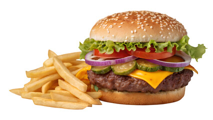 A classic cheeseburger on a sesame bun with fries isolated on a clean white background