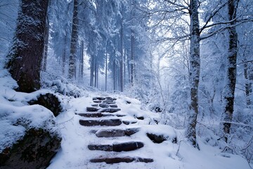A picturesque winter forest scene featuring snow-covered stone steps leading through tall evergreen trees.