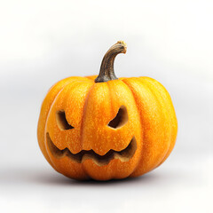 Obraz premium Carved Halloween pumpkin with narrow eyes and crooked scary smile, isolated on white background.