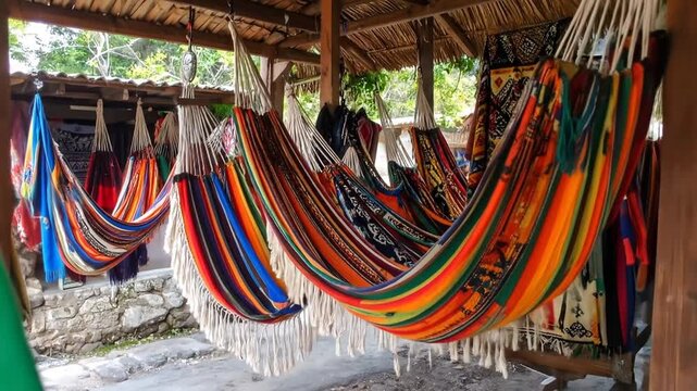 Colorful hammocks with tropical vacation getaway.