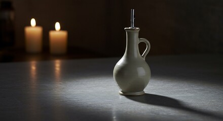A ceramic cruet with a pouring spout sits on a surface with two lit candles in the background