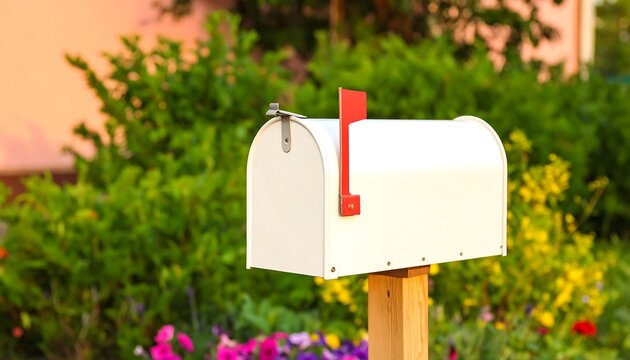 A white mailbox with a red flag stands in a garden setting, surrounded by lush greenery and colorful flowers.
