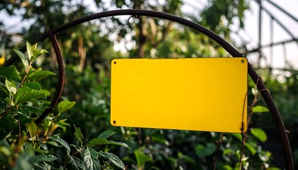 Blank Yellow Sign with Greenhouse Plants.
