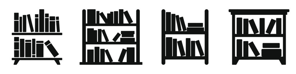 Bookshelf Silhouette Icon Set Isolated on White Background – Bookcase Vector Illustration for Library, Home Office, Interior Design, Reading, Education, and Storage Concepts