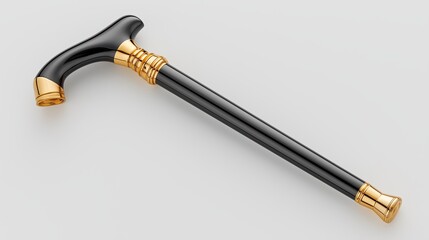 Elegant black cane with golden accents displayed on a gray background