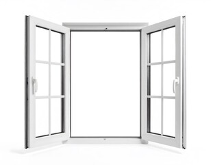Photorealistic mockup of a sleek white casement window with thin frames, both panels wide open with a blank isolated background.