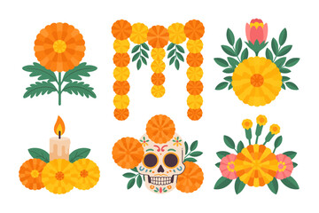 Marigold arch and garlands, altar flower decorations, ofrenda elements, candles and leaves, day of the dead vector set, festival clipart