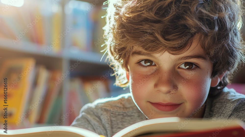 Poster a student reading a book in class, soft background and warm lighting emphasize the focus and immersi