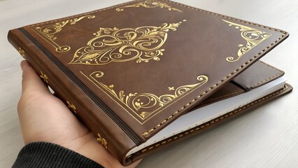 Fototapeta premium Elegant Brown Leather Album with Decorative Gold Flourishes Design