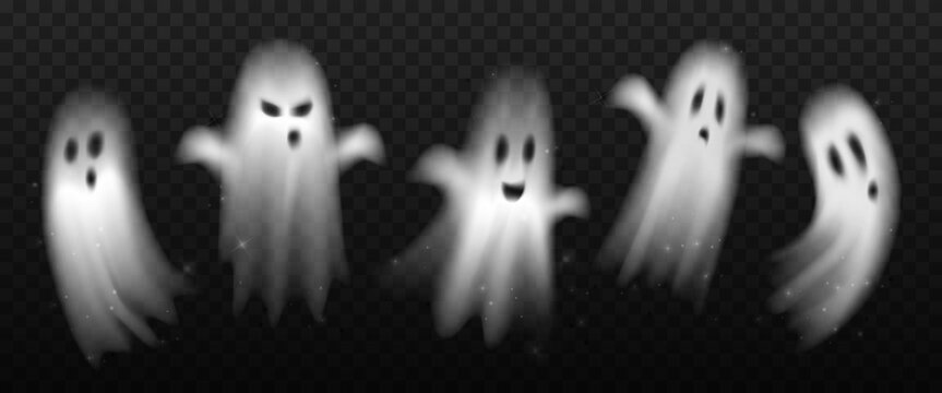 Collection of transparent ghosts, realistic silhouettes in various poses isolated background. Happy, angry, emotions, spooky faces, mystic creatures, monsters, horror spirits for halloween decoration.