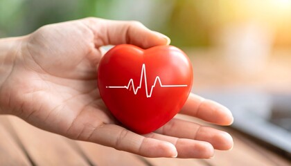 Fototapeta premium Red Heart in Hand with Ekg Line, Caring Healthcare Concept
