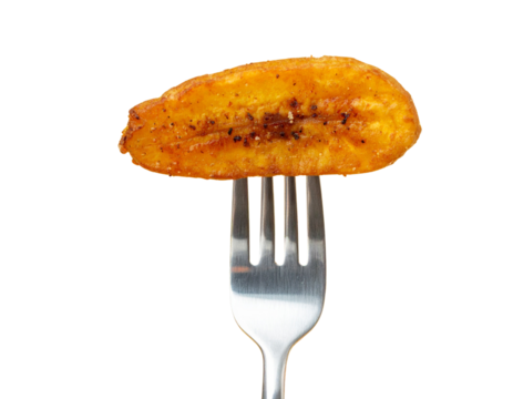  Single Fried Plantain Slice Held by Fork, Close-Up Angled View, Transparent Background