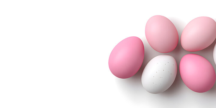 Arrangement of pink and white Easter eggs on white background, ideal for seasonal sales, holiday decor, and festive banners.