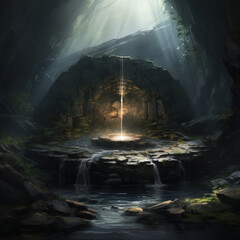 Fototapeta premium Mysterious ancient stone fountain and deep shining well
