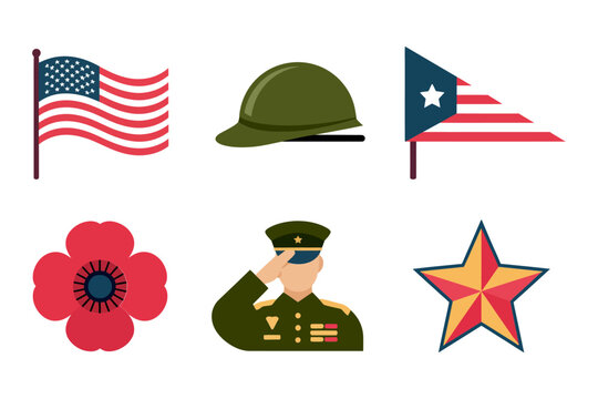 Patriot remembrance icons, national flags helmet poppy star, soldier portrait, memorial day theme, honor and service, vector clipart collection, elements