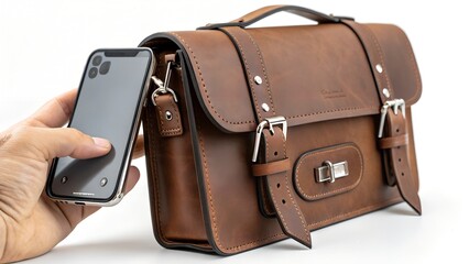 Brown leather messenger bag with smartphone in hand on white backdrop