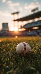 baseball ball on the grass of a stadium, sunset