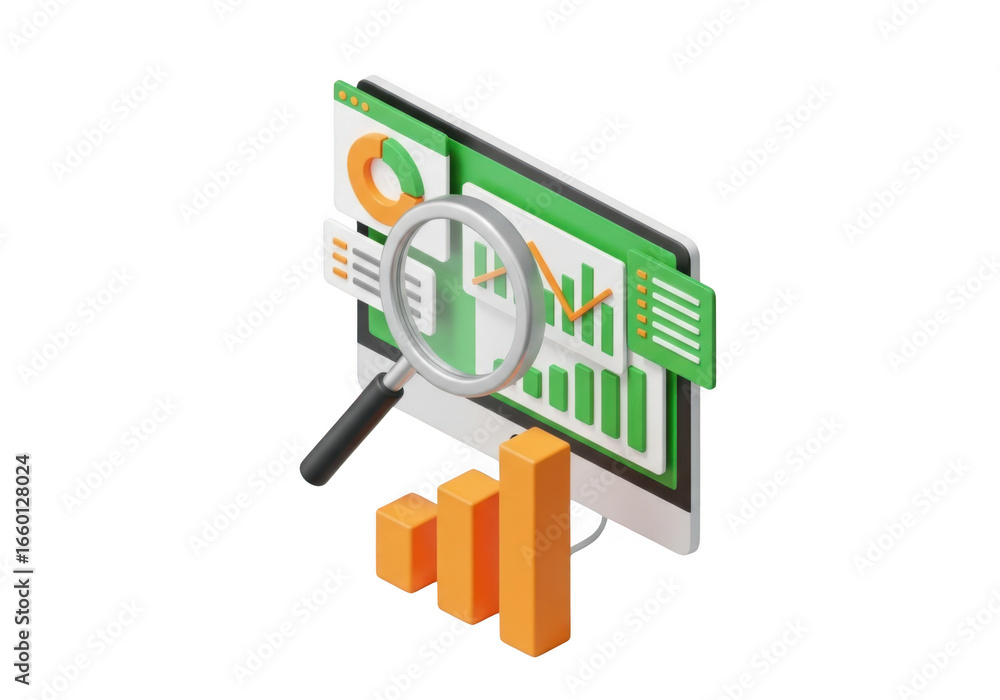 Poster 3d digital data analysis with magnifying glass and bar charts isolated on transparent background