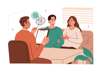 Family counseling therapist consulting a couple to improve their relationship, build trust, communication. Psychological help concept. Vector illustration.