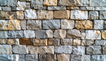 Obraz premium A detailed close-up view of a stone wall, showcasing a pattern of irregular, rectangular blocks in various shades of gray, beige, and brown.