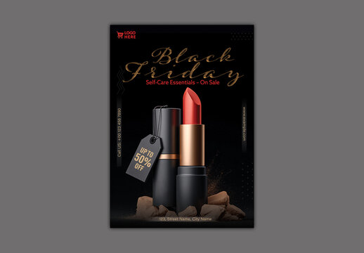 Black Friday Sale Flyer with Lipstick Mockup and Discount Tag for Beauty or Cosmetics Promotion, Editable Design.