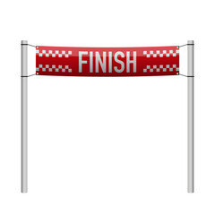 Red finish banner stretched between two poles, isolated on white. Race completion concept, sports achievement, victory symbol. © Тима Рябец