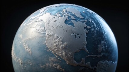 Fototapeta premium Frozen globe with icy surface showing North America and surrounding oceans, symbolizing arctic exploration and cold climate conditions in dramatic dark background