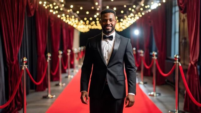 Dapper man in tuxedo walking red carpet.