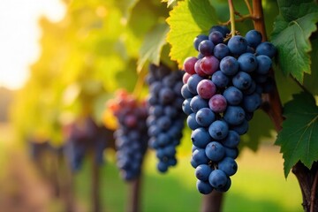 Fototapeta premium Luscious bunches of ripe grapes hanging heavy on a mature grapevine, bathed in the warm afternoon sun Leaves display vibrant autumnal hues Ready for harvest , growth, green grapes