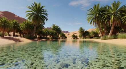 Obraz premium Serene oasis with clear water pond and green palm trees in a vast desert landscape under blue sky.