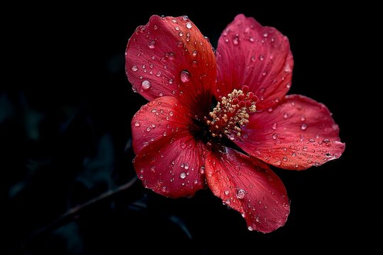 A close-up shows a red flower with water droplets on its petals.