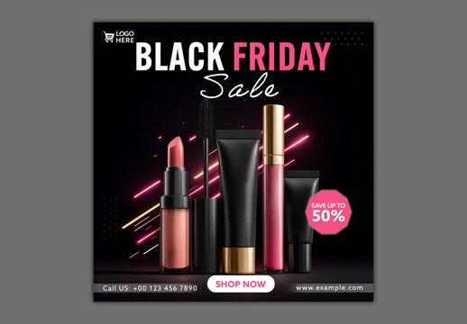 Black Friday Sale Social Media Post with Cosmetic Products for Fashion or Beauty Brand Promotion, Editable Design.