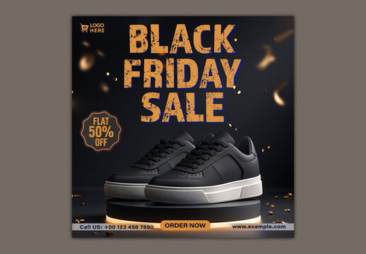 Black Friday Sale Social Media Post with Sneakers on Pedestal for Footwear Promotion, Editable Design.