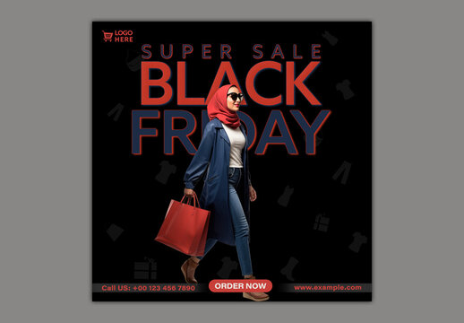 Black Friday Super Sale Social Media Post with Muslim Woman Walking and Shopping Bag for Modest Fashion or Retail Promotion, Editable Design.