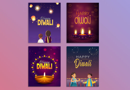 Happy Diwali Social Media Posts or Greeting Card Set in Multiple Festive Designs for Festival Celebration Promotion. Editable Design.